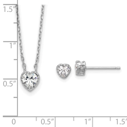 Sterlingsilber Rhodiniert Zirkonia Herz 13 Zoll mit 2 Zoll Verlängerung Halskette/post Ohrring Set