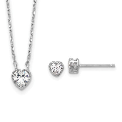 Sterlingsilber Rhodiniert Zirkonia Herz 13 Zoll mit 2 Zoll Verlängerung Halskette/post Ohrring Set
