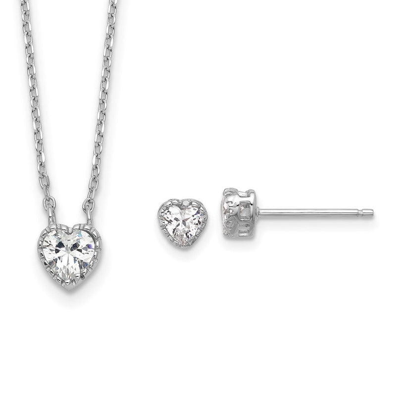 Sterlingsilber Rhodiniert Zirkonia Herz 13 Zoll mit 2 Zoll Verlängerung Halskette/post Ohrring Set