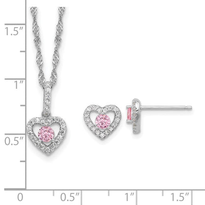 Sterlingsilber Rhodiniert Rosa/white Zirkonia Herz 10 Zoll mit 2 Zoll Verlängerung Halskette/earring Set