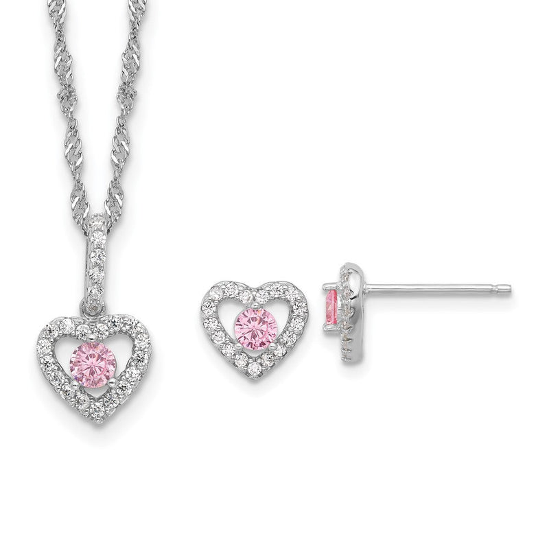 Sterlingsilber Rhodiniert Rosa/white Zirkonia Herz 10 Zoll mit 2 Zoll Verlängerung Halskette/earring Set