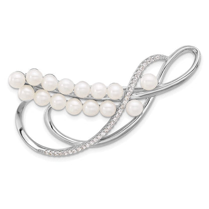 Sterlingsilber Rhodiniert 4-5mm Rund Fwc Perle und Zirkonia Brosche