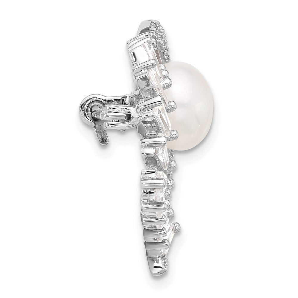 Sterlingsilber Rhodiniert 8-9mm Knopf Weiß Fwc Perle und Zirkonia Herz Brosche
