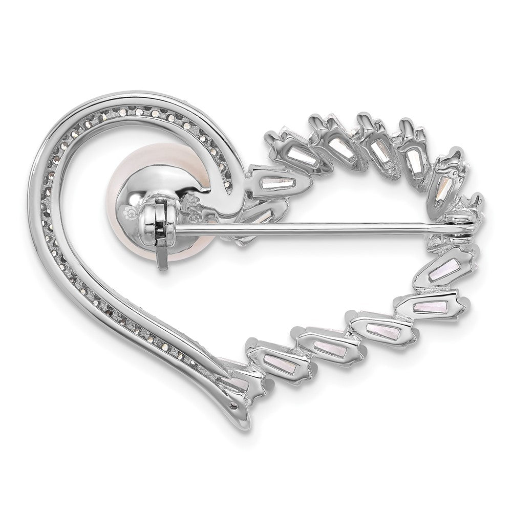 Sterlingsilber Rhodiniert 8-9mm Knopf Weiß Fwc Perle und Zirkonia Herz Brosche