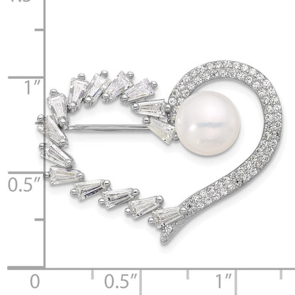Sterlingsilber Rhodiniert 8-9mm Knopf Weiß Fwc Perle und Zirkonia Herz Brosche
