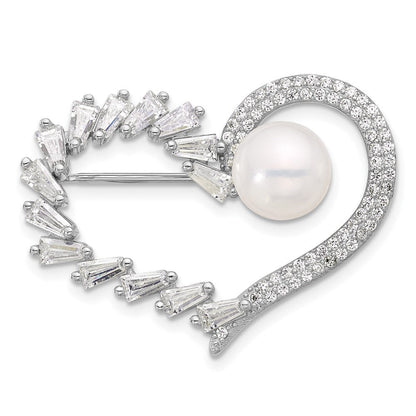 Sterlingsilber Rhodiniert 8-9mm Knopf Weiß Fwc Perle und Zirkonia Herz Brosche