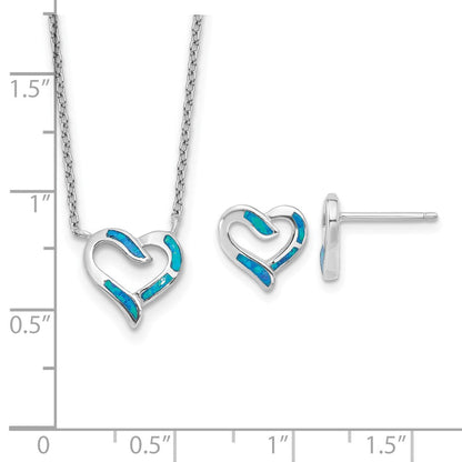 Sterlingsilber Rhodiniert-pl Cr.opal Herz 16 Zoll Halskette mit 2 Zoll Verlängerung und Ohrring Set