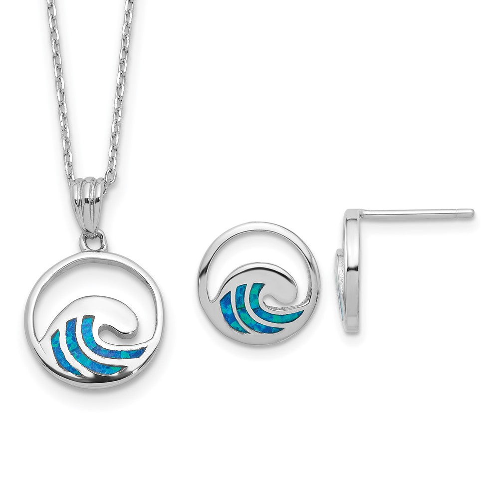 Sterlingsilber Rhodiniert-pl Cr.opal Welle 16 Zoll Halskette mit 2 Zoll Verlängerung/earring Set