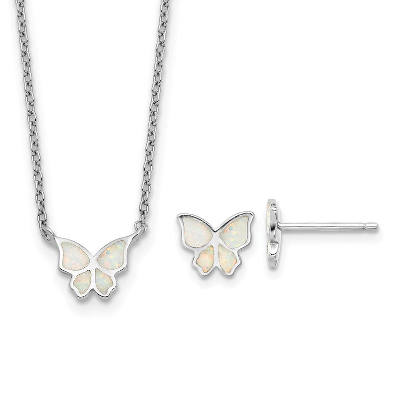 Sterlingsilber Rhodiniert-pl Cr.opal Schmetterling 16 Zoll Halskette mit 2 Zoll Verlängerung/earring Set