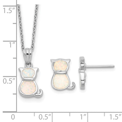 Sterlingsilber Rhodiniert-pl Cr.opal Katze 16 Zoll Halskette mit 1.75 Verlängerung/earring Set