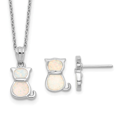 Sterlingsilber Rhodiniert-pl Cr.opal Katze 16 Zoll Halskette mit 1.75 Verlängerung/earring Set