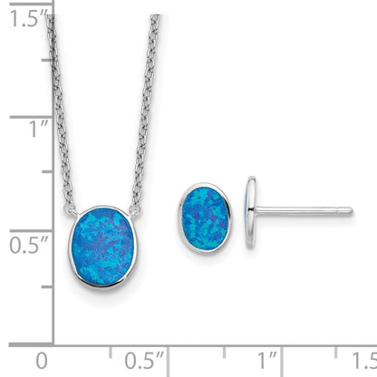 Sterlingsilber Rhodiniert-pl Blu Cr. Opal Oval 16innecklace mit 1.75 Verlängerung/earring Set