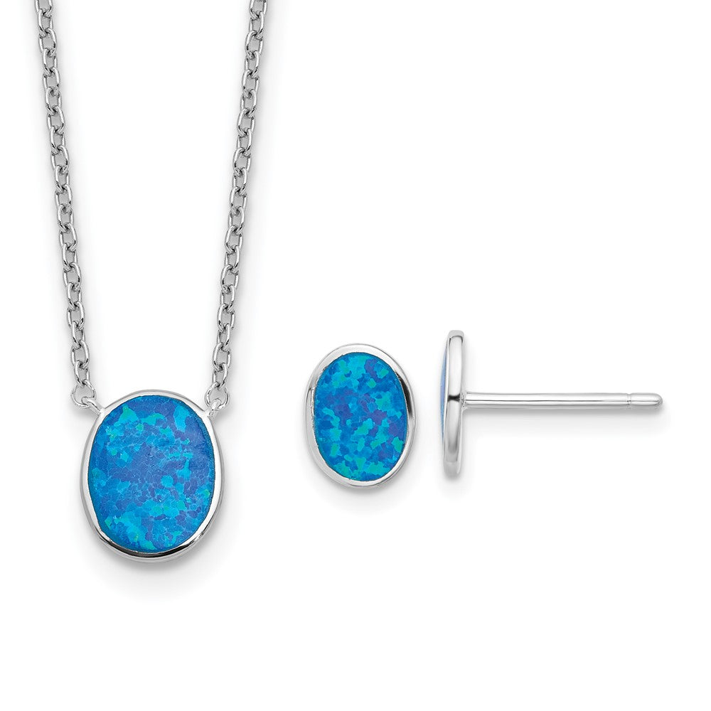 Sterlingsilber Rhodiniert-pl Blu Cr. Opal Oval 16innecklace mit 1.75 Verlängerung/earring Set