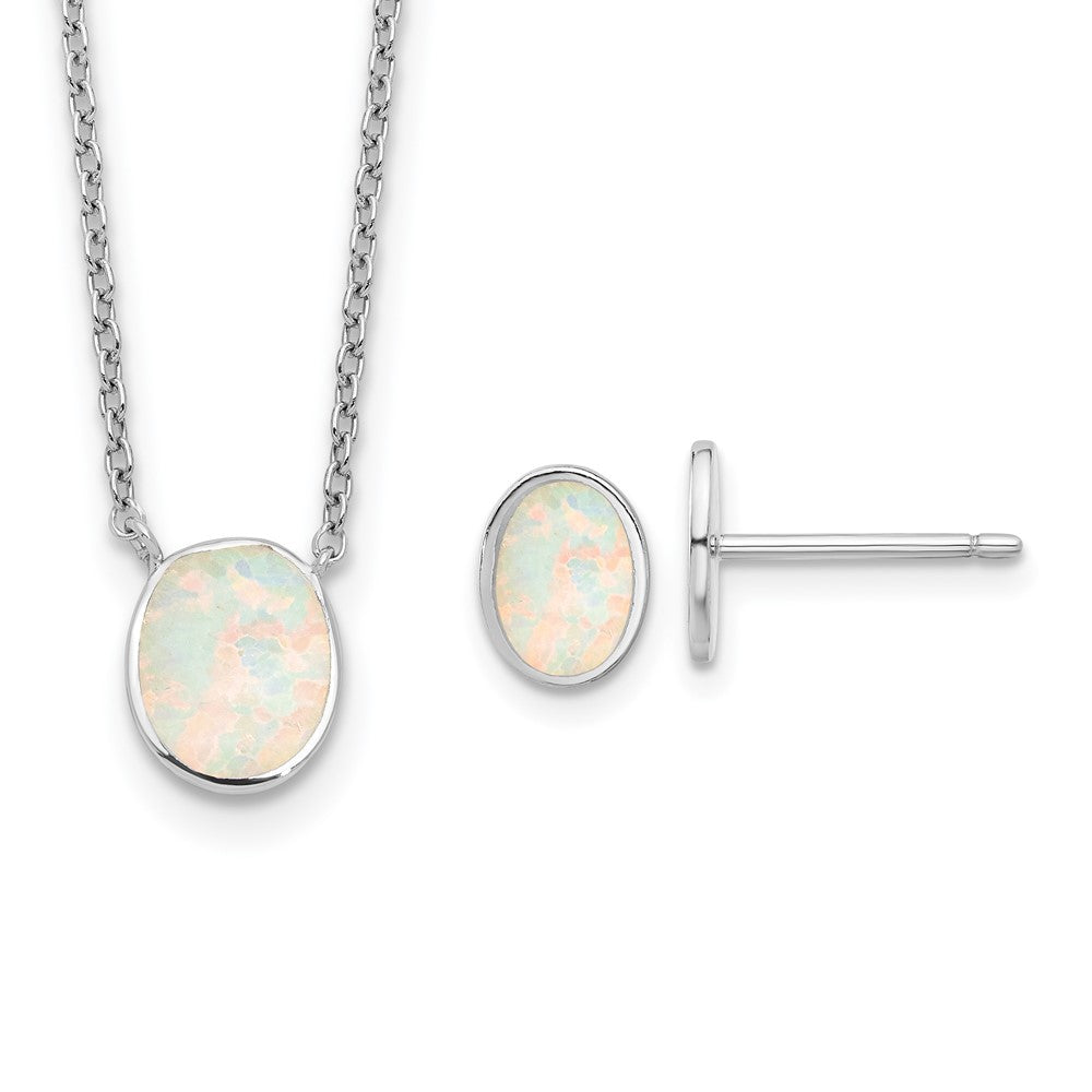 Sterlingsilber Rhodiniert-pl Erzeugt Opal Oval16in Halskette mit 1.75 Verlängerung/earring Set
