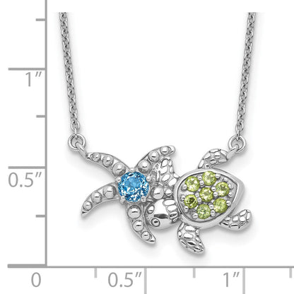 Sterlingsilber Rhodiniert-pl Peridot und Lt Schweizer Blautopas Schildkröte Seestern Neckl