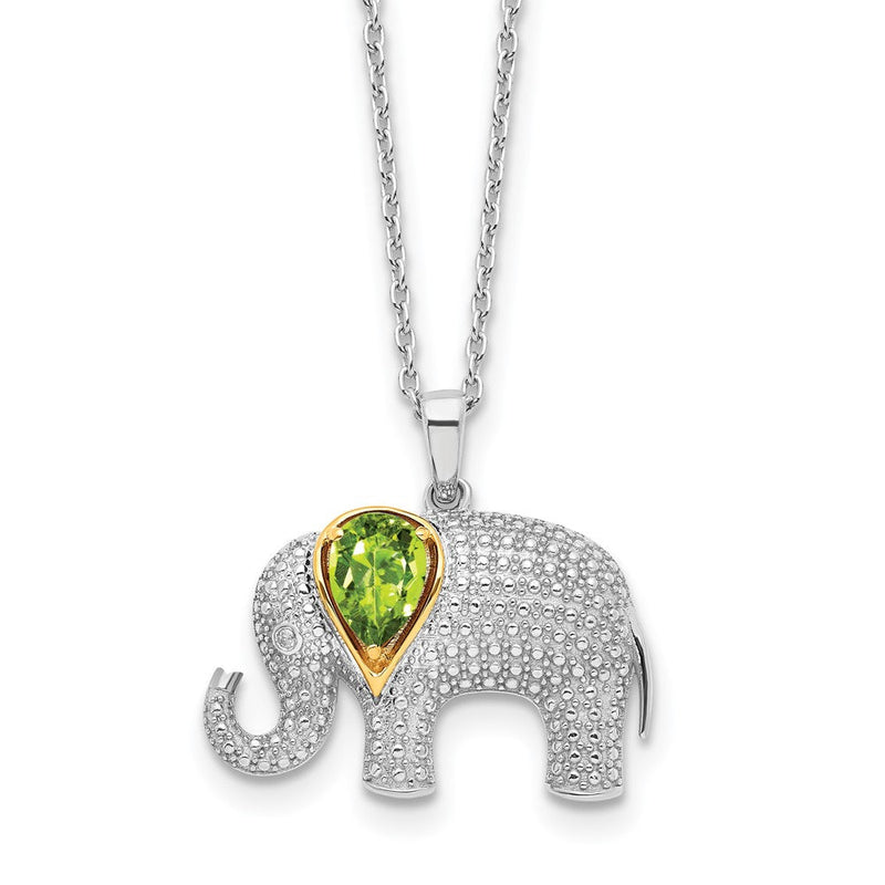Sterlingsilber /14K Rhodiniert Peridot/dia. Elefant 18 Zoll mit 2 Zoll Verlängerung Halskette