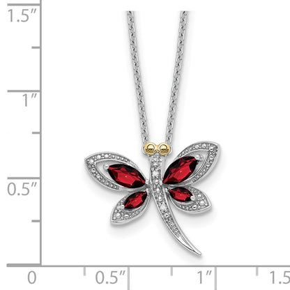 Sterlingsilber /14K Rhodiniert Granat/dia. Libelle 18 Zoll mit 2 Verlängerung Halskette