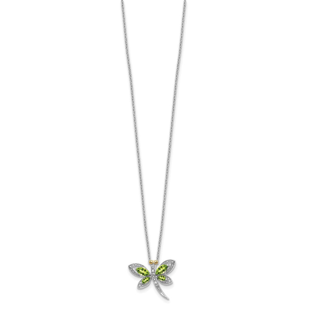 Sterlingsilber /14K Rhodiniert Peridot/dia. Libelle 18 Zoll mit 2 Verlängerung Halskette