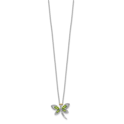 Sterlingsilber /14K Rhodiniert Peridot/dia. Libelle 18 Zoll mit 2 Verlängerung Halskette