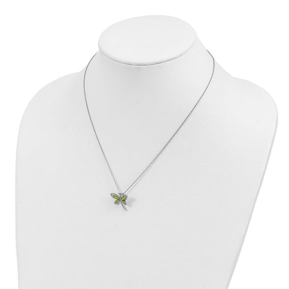 Sterlingsilber /14K Rhodiniert Peridot/dia. Libelle 18 Zoll mit 2 Verlängerung Halskette
