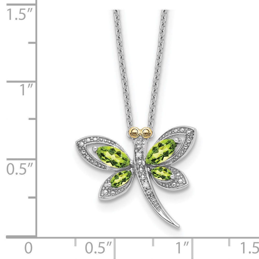 Sterlingsilber /14K Rhodiniert Peridot/dia. Libelle 18 Zoll mit 2 Verlängerung Halskette