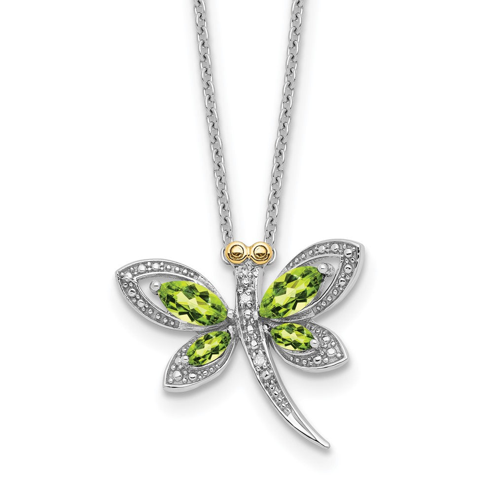 Sterlingsilber /14K Rhodiniert Peridot/dia. Libelle 18 Zoll mit 2 Verlängerung Halskette