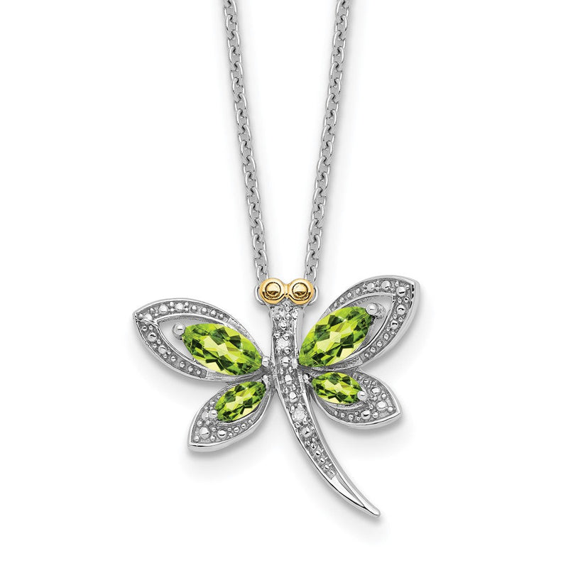 Sterlingsilber /14K Rhodiniert Peridot/dia. Libelle 18 Zoll mit 2 Verlängerung Halskette