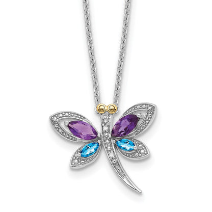 Sterlingsilber /14K Rhodiniert Amy/bl Topas/dia. Libelle 18 Zoll Neckla