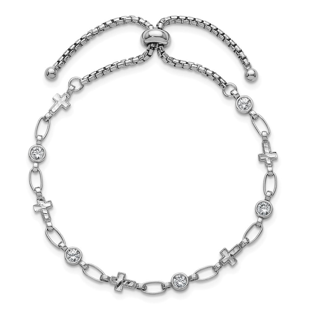 Sterlingsilber Rhodiniert Poliert Zirkonia und Kreuz Bolo Armband