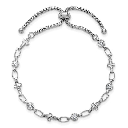 Sterlingsilber Rhodiniert Poliert Zirkonia und Kreuz Bolo Armband