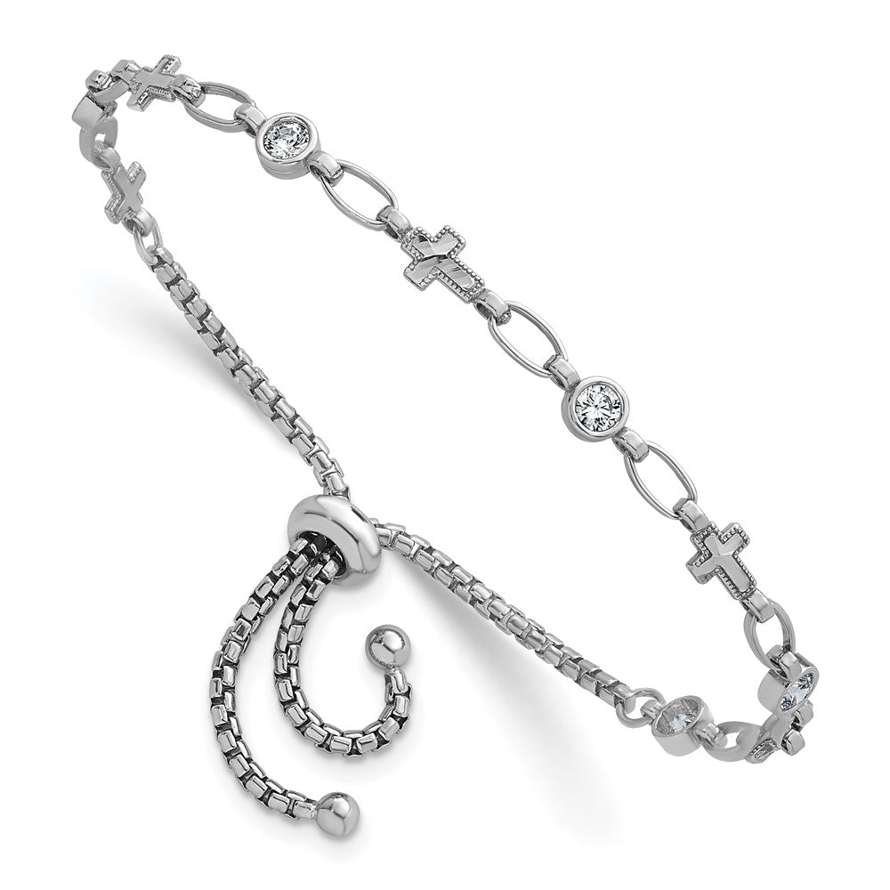 Sterlingsilber Rhodiniert Poliert Zirkonia und Kreuz Bolo Armband