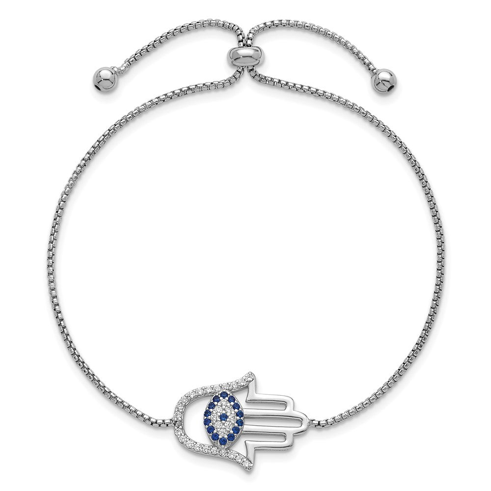Sterlingsilber Rhodiniert Poliert Zirkonia und Cr. Blau Spinell Böse Auge Hamsa Adj Bolo Armband