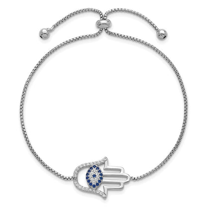Sterlingsilber Rhodiniert Poliert Zirkonia und Cr. Blau Spinell Böse Auge Hamsa Adj Bolo Armband
