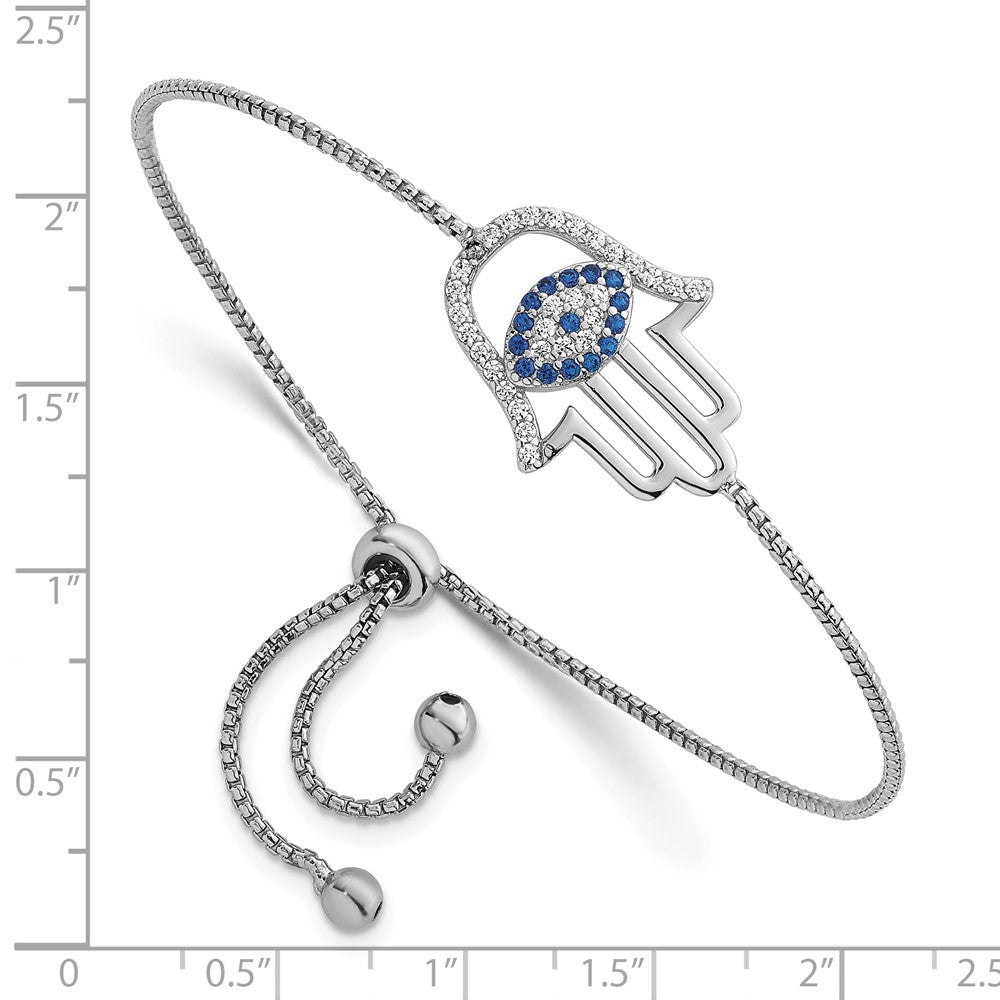 Sterlingsilber Rhodiniert Poliert Zirkonia und Cr. Blau Spinell Böse Auge Hamsa Adj Bolo Armband