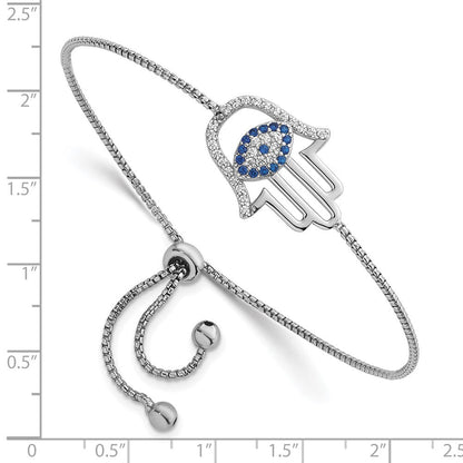 Sterlingsilber Rhodiniert Poliert Zirkonia und Cr. Blau Spinell Böse Auge Hamsa Adj Bolo Armband