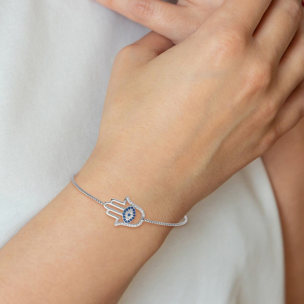 Sterlingsilber Rhodiniert Poliert Zirkonia und Cr. Blau Spinell Böse Auge Hamsa Adj Bolo Armband