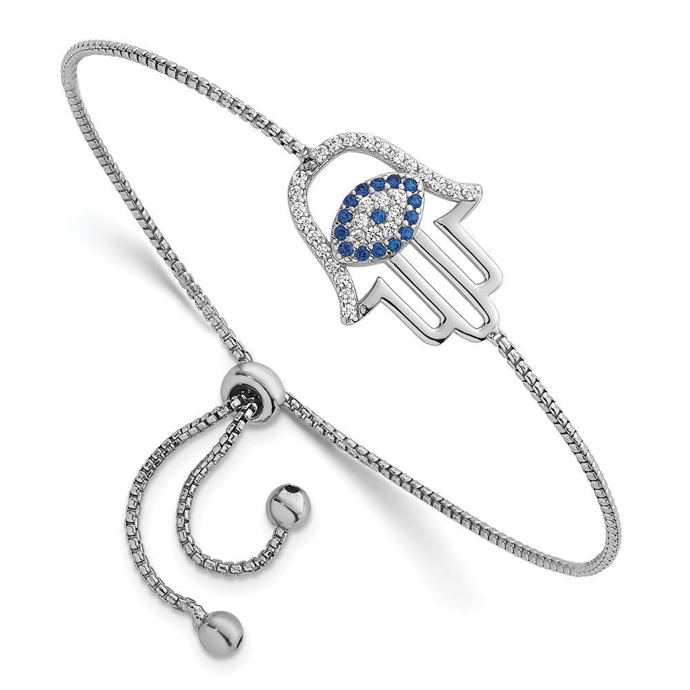 Sterlingsilber Rhodiniert Poliert Zirkonia und Cr. Blau Spinell Böse Auge Hamsa Adj Bolo Armband