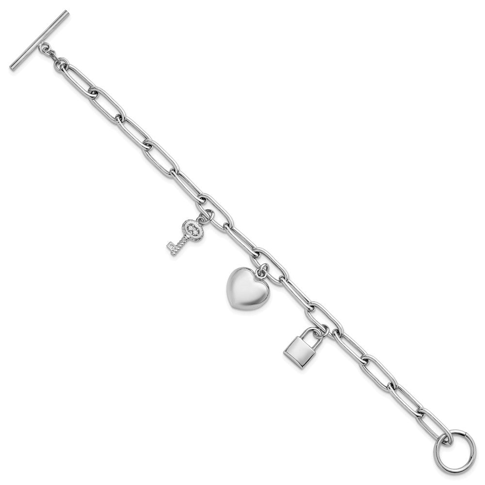 Sterlingsilber Rhodiniert-pl Herz Schloss und Key Zirkonia Büroklammer 7.5 Zoll Armband