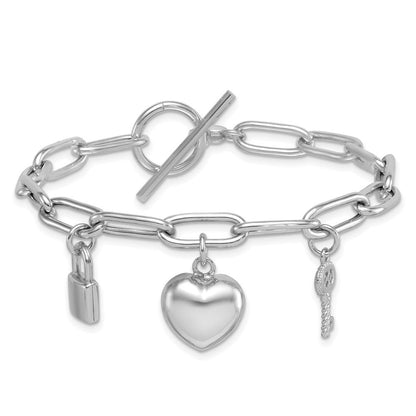 Sterlingsilber Rhodiniert-pl Herz Schloss und Key Zirkonia Büroklammer 7.5 Zoll Armband