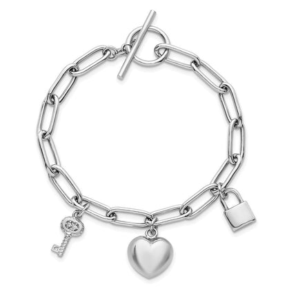 Sterlingsilber Rhodiniert-pl Herz Schloss und Key Zirkonia Büroklammer 7.5 Zoll Armband