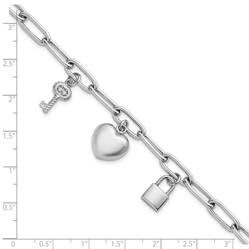 Sterlingsilber Rhodiniert-pl Herz Schloss und Key Zirkonia Büroklammer 7.5 Zoll Armband