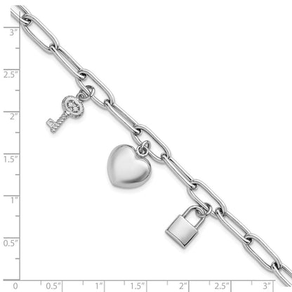 Sterlingsilber Rhodiniert-pl Herz Schloss und Key Zirkonia Büroklammer 7.5 Zoll Armband