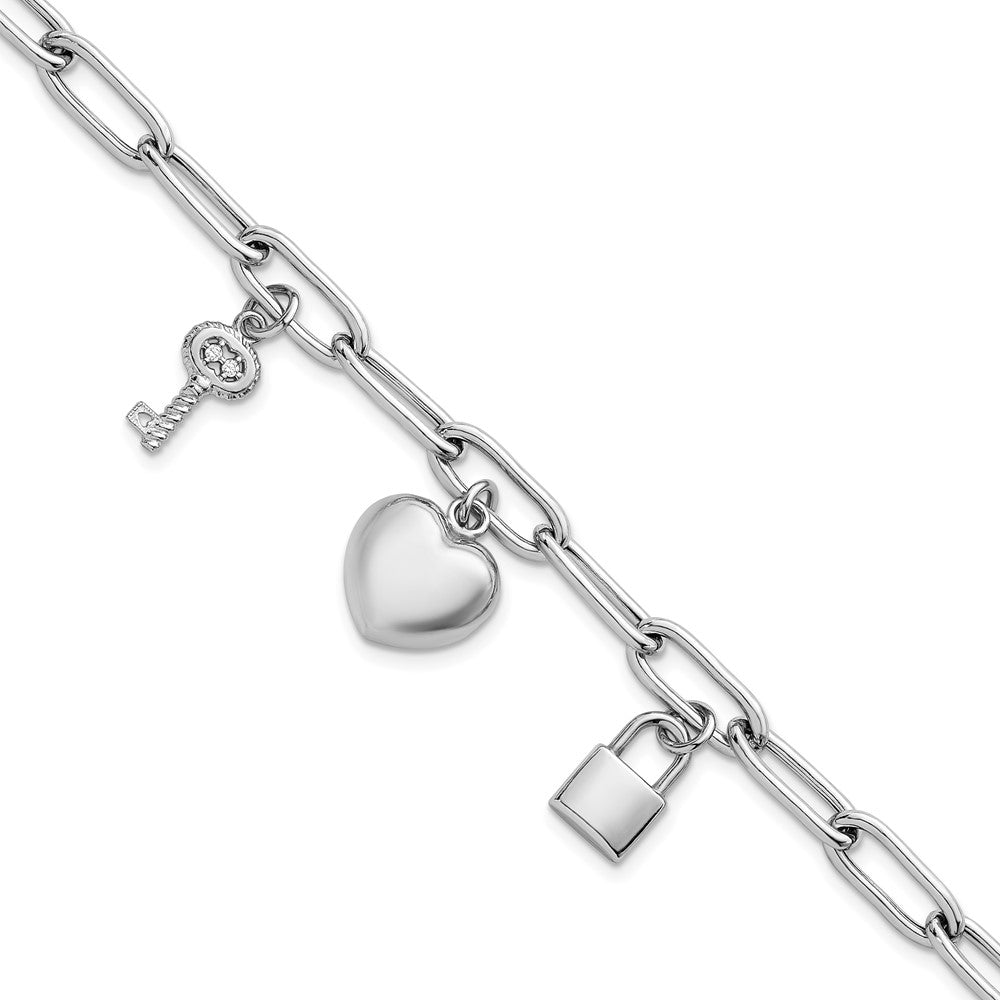 Sterlingsilber Rhodiniert-pl Herz Schloss und Key Zirkonia Büroklammer 7.5 Zoll Armband