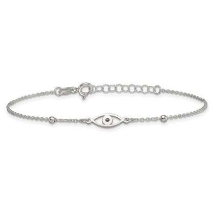 Sterlingsilber Poliert Schwarz Emaille Böse Auge mit 1 Zoll Verlängerung Armband