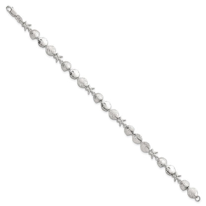 Sterlingsilber Poliert Strukturiert Seestern und Meer Muschel 7.25 Zoll Armband
