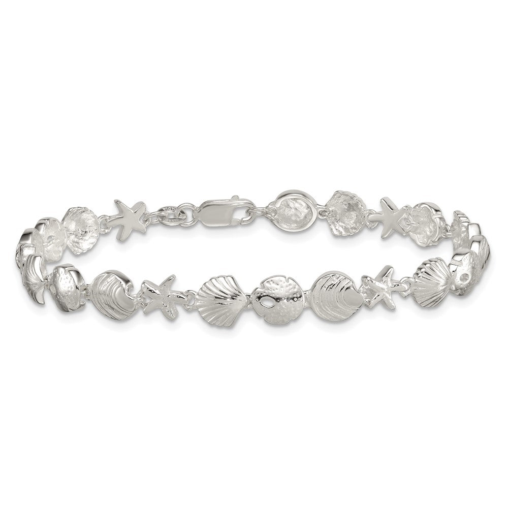 Sterlingsilber Poliert Strukturiert Seestern und Meer Muschel 7.25 Zoll Armband