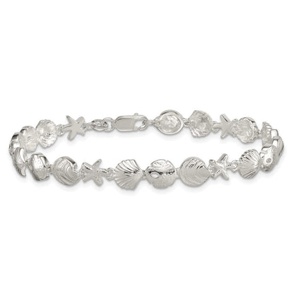 Sterlingsilber Poliert Strukturiert Seestern und Meer Muschel 7.25 Zoll Armband