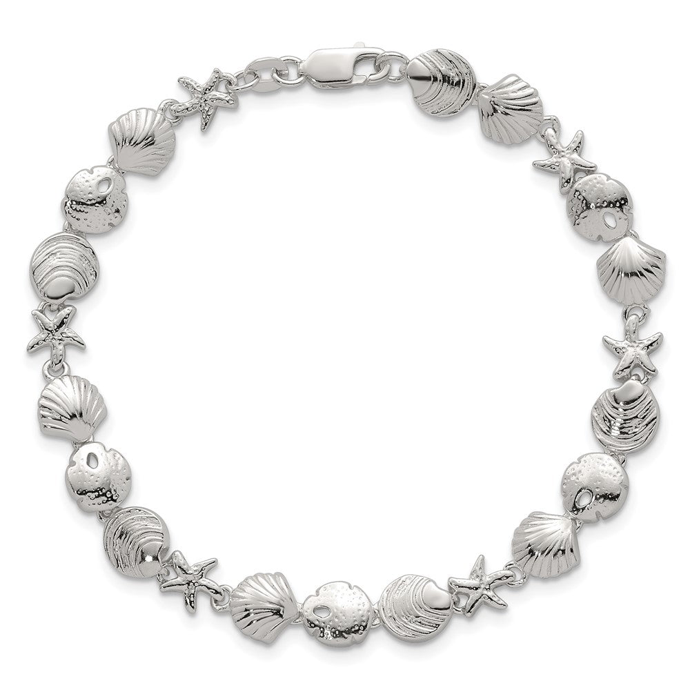 Sterlingsilber Poliert Strukturiert Seestern und Meer Muschel 7.25 Zoll Armband