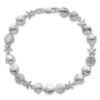Sterlingsilber Poliert Strukturiert Seestern und Meer Muschel 7.25 Zoll Armband
