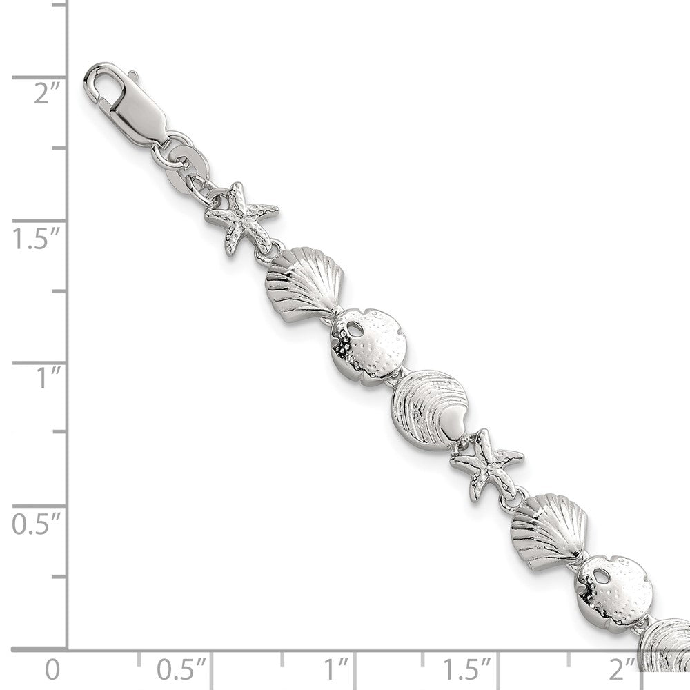 Sterlingsilber Poliert Strukturiert Seestern und Meer Muschel 7.25 Zoll Armband